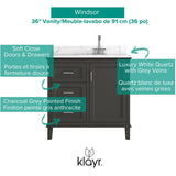 36" W x 22" D Windsor Vanity with Quartz Stone Top -  Single Door + Three Drawers, Charcoal