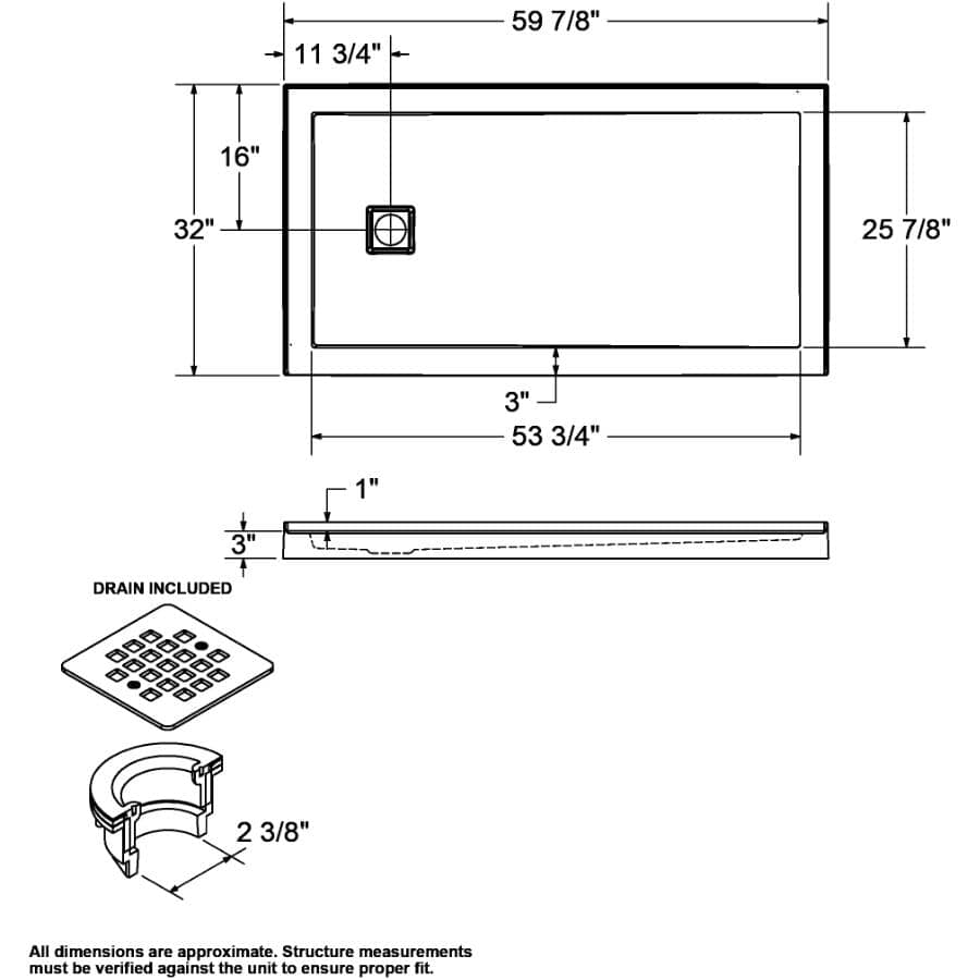 60" x 32" Zone Shower Base - with Left Hand Drain, White