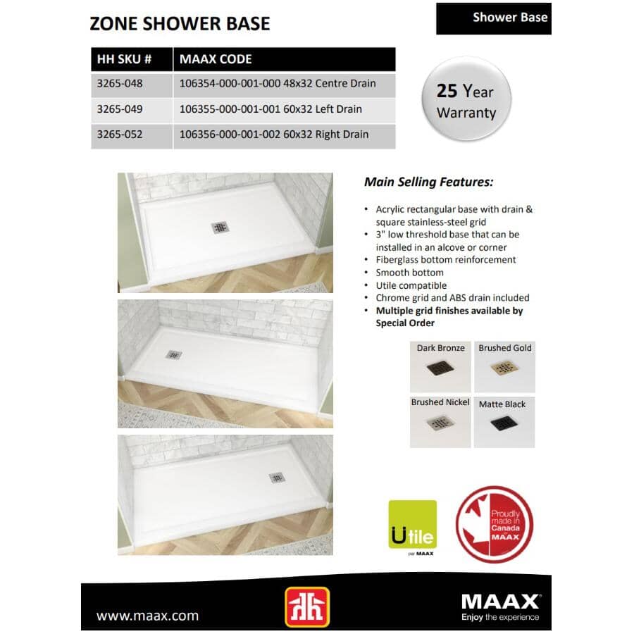 60" x 32" Zone Shower Base - with Left Hand Drain, White