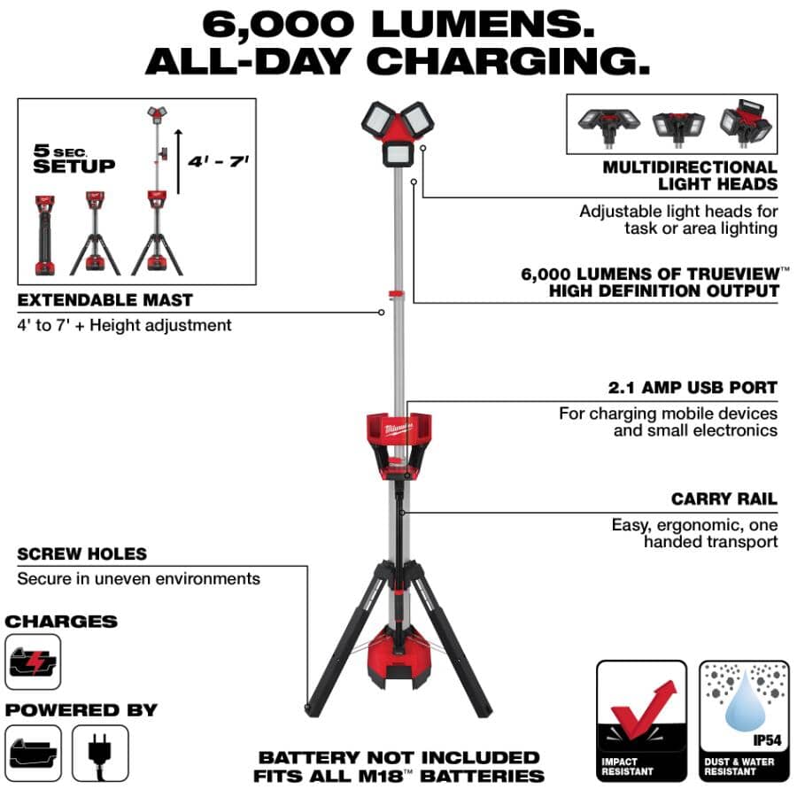 M18 Rocket Tower Light & Charger - 18V, Tool Only