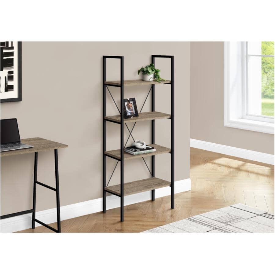 4 Tier Bookcase with Black Metal Legs - Dark Taupe