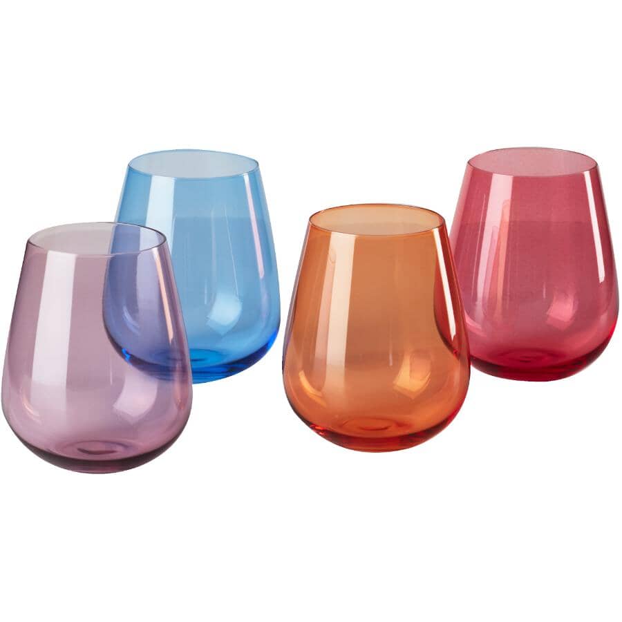 Set of 4 Stemless Wine Glasses, Assorted Colours