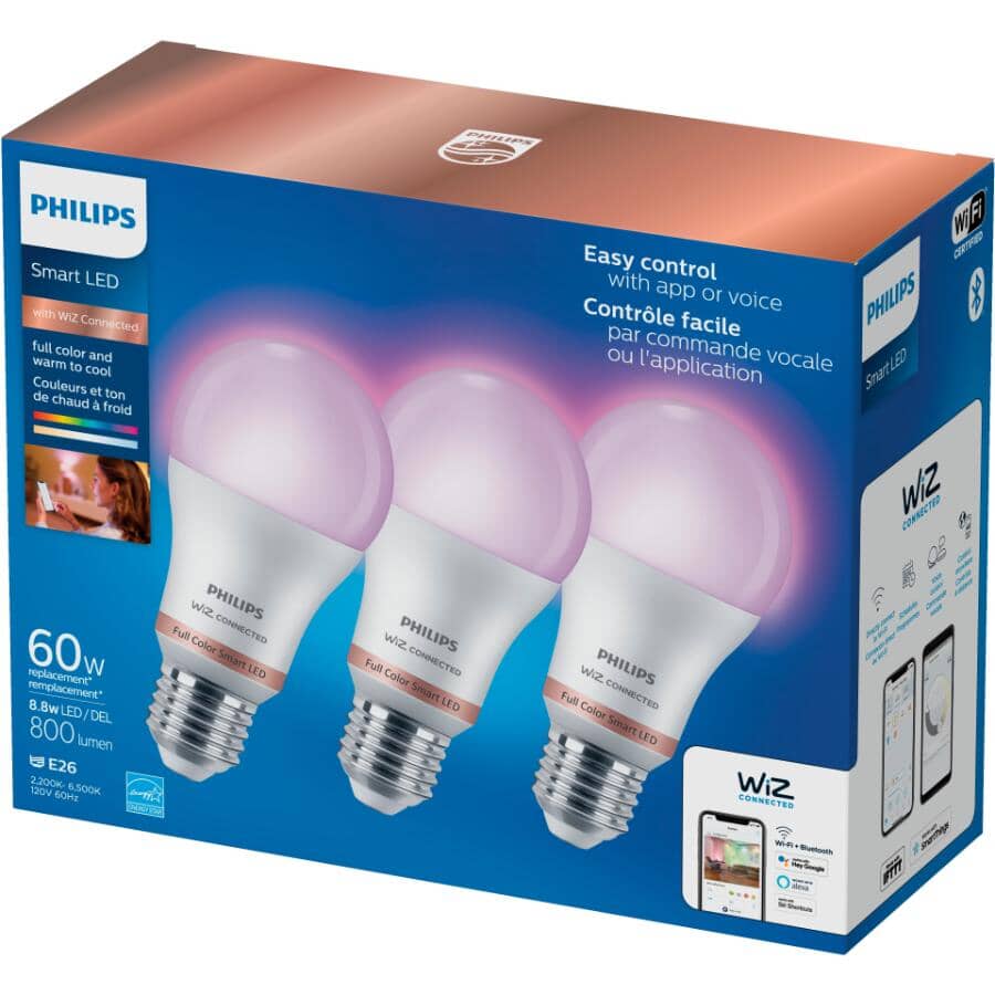 8.8W A19 Medium Base Frosted Full Colour & Tunable Smart LED Light Bulbs - 3 Pack